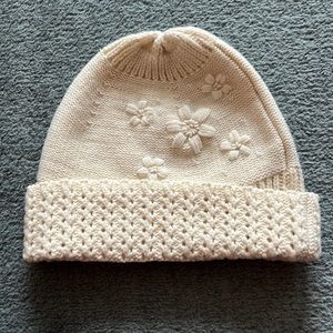 Lord & Taylor Ivory Beanie Hat with Flower Detail